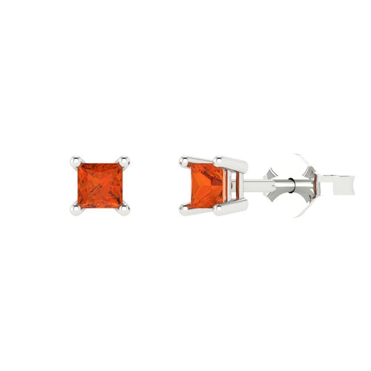 0.5 ctw Red Zirconia Studs Earrings | 3.5mm Princess Cut White Gold Push back | April Birthstone