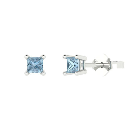 0.5 ctw Aquamarine Studs Earrings | 3.5mm Princess Cut White Gold Push back | March Birthstone
