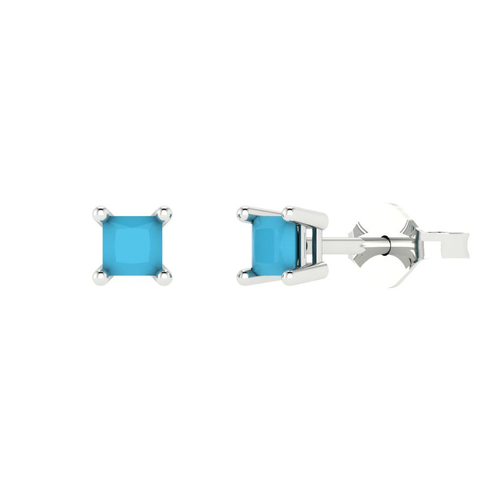 0.5 ctw Turquoise Studs Earrings | 3.5mm Princess Cut White Gold Push back | December Birthstone