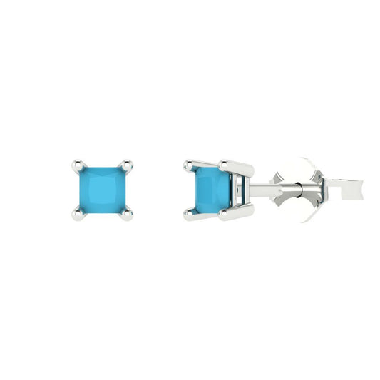 0.5 ctw Turquoise Studs Earrings | 3.5mm Princess Cut White Gold Push back | December Birthstone