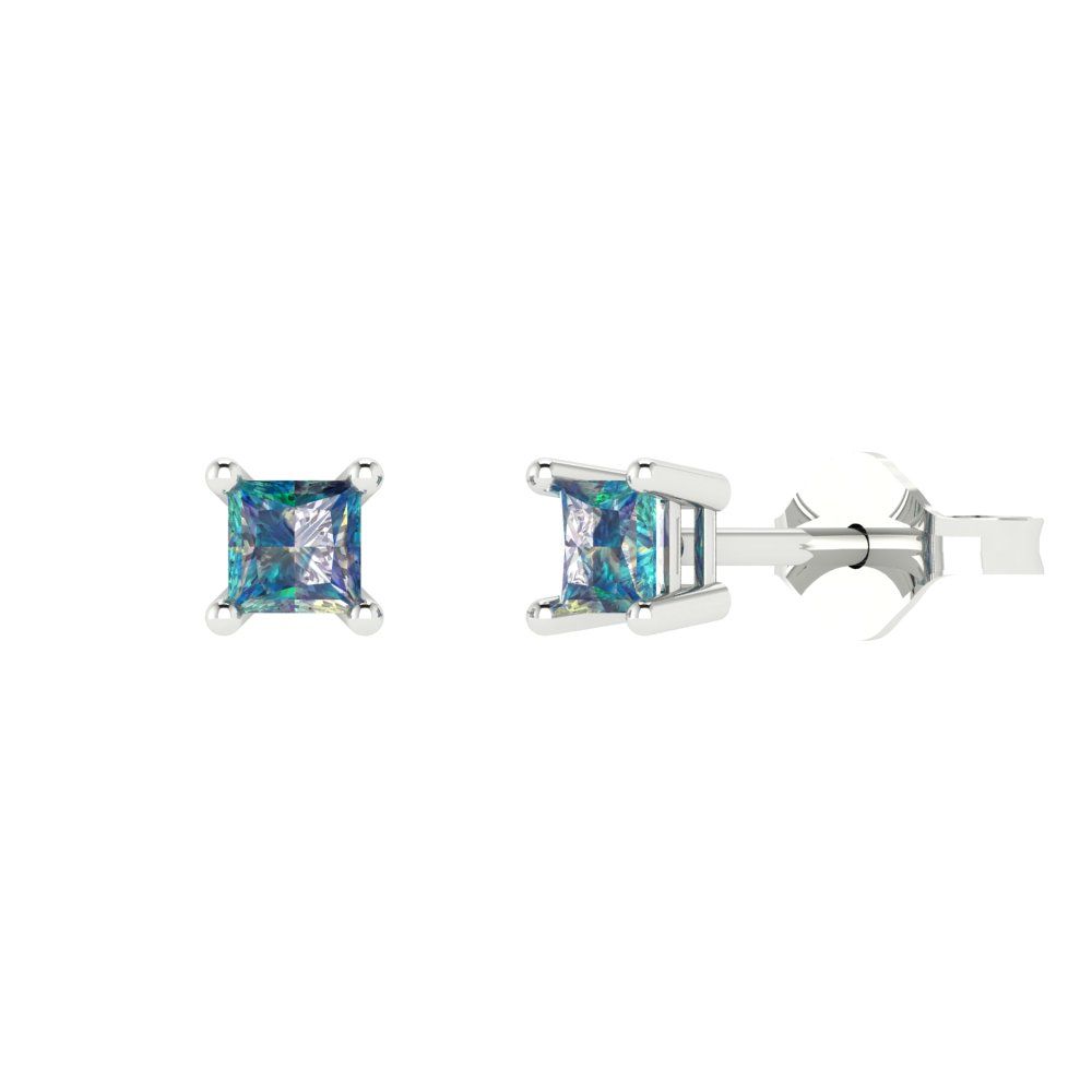 0.5 ctw Blue Moissanite Studs Earrings | 3.5mm Princess Cut White Gold Push back | April Birthstone