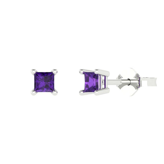 0.5 ctw Amethyst Studs Earrings | 3.5mm Princess Cut White Gold Push back | February Birthstone