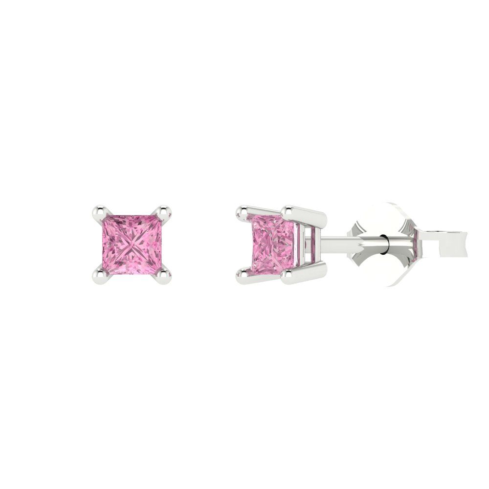0.5 ctw Pink Zirconia Studs Earrings | 3.5mm Princess Cut White Gold Push back | April Birthstone