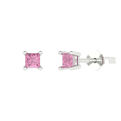 0.5 ctw Pink Zirconia Studs Earrings | 3.5mm Princess Cut White Gold Push back | April Birthstone