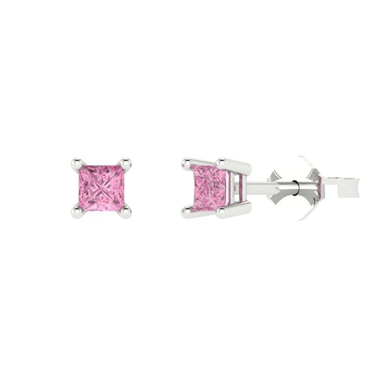 0.5 ctw Pink Zirconia Studs Earrings | 3.5mm Princess Cut White Gold Push back | April Birthstone
