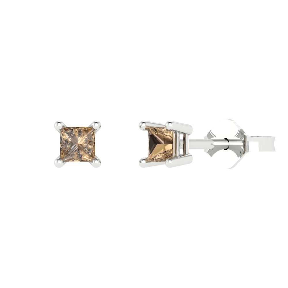 0.5 ctw Champagne Studs Earrings | 3.5mm Princess Cut White Gold Push back | April Birthstone