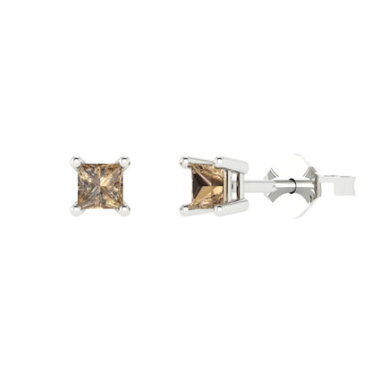 0.5 ctw Champagne Studs Earrings | 3.5mm Princess Cut White Gold Push back | April Birthstone
