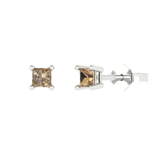 0.5 ctw Champagne Studs Earrings | 3.5mm Princess Cut White Gold Push back | April Birthstone
