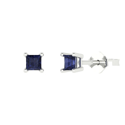 0.5 ctw Blue Sapphire Studs Earrings | 3.5mm Princess Cut White Gold Push back | September Birthstone