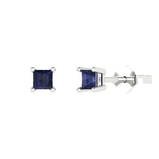 0.5 ctw Blue Sapphire Studs Earrings | 3.5mm Princess Cut White Gold Push back | September Birthstone