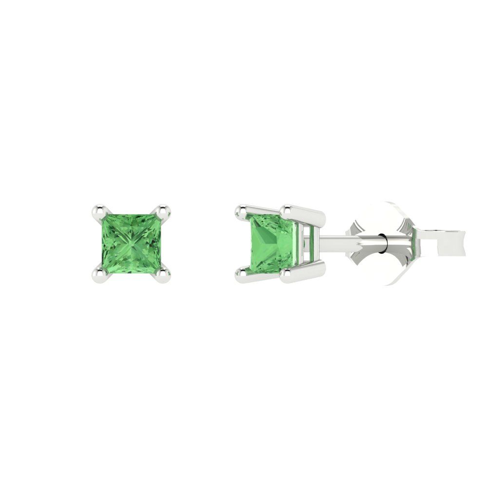0.5 ctw Green Zirconia Studs Earrings | 3.5mm Princess Cut White Gold Push back | April Birthstone
