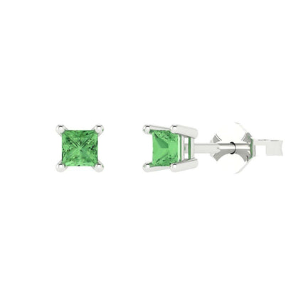 0.5 ctw Green Zirconia Studs Earrings | 3.5mm Princess Cut White Gold Push back | April Birthstone