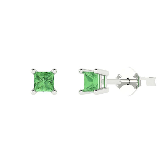 0.5 ctw Green Zirconia Studs Earrings | 3.5mm Princess Cut White Gold Push back | April Birthstone