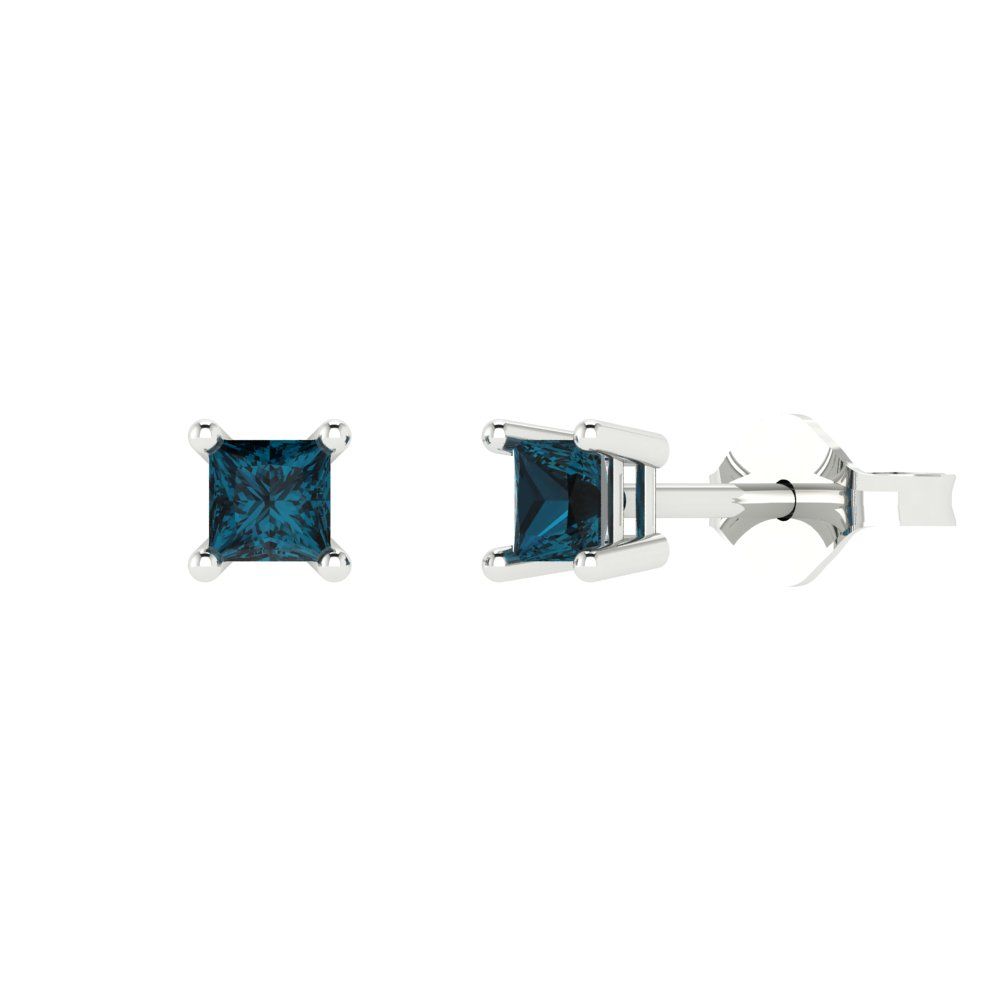 0.5cttw Princess Cut Natural London Blue Topaz Gold-Plated 925 Silver Push Back Stud Earrings
