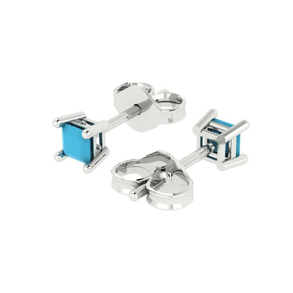 0.5 ctw Turquoise Studs Earrings | 3.5mm Princess Cut White Gold Push back | December Birthstone