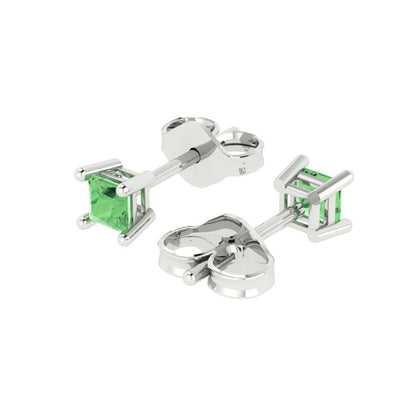 0.5 ctw Green Zirconia Studs Earrings | 3.5mm Princess Cut White Gold Push back | April Birthstone