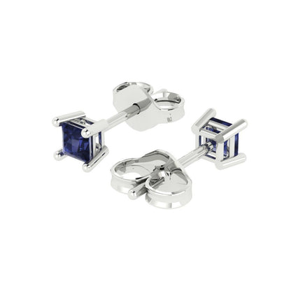 0.5 ctw Blue Sapphire Studs Earrings | 3.5mm Princess Cut White Gold Push back | September Birthstone