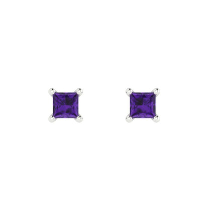 0.5 ctw Amethyst Studs Earrings | 3.5mm Princess Cut White Gold Push back | February Birthstone