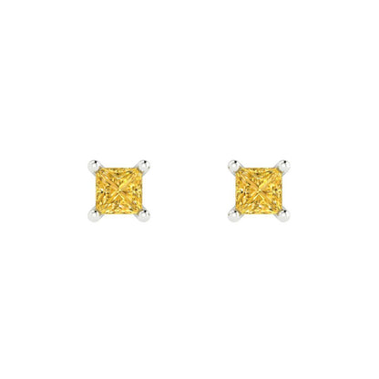 0.5 ctw Yellow Zirconia Studs Earrings | 3.5mm Princess Cut White Gold Push back | April Birthstone