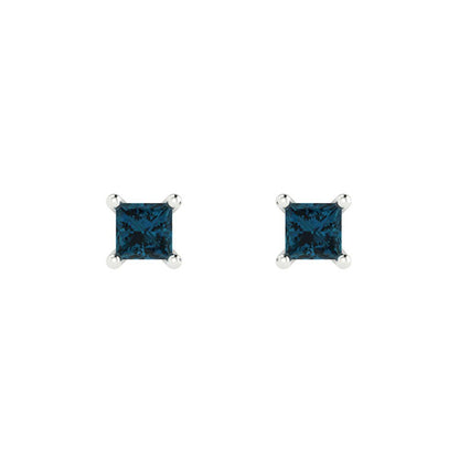 0.5 ctw London Blue Topaz Studs Earrings | 3.5mm Princess Cut White Gold Push back | December Birthstone