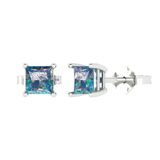 1 ctw Blue Moissanite Studs Earrings | 4.5mm Princess Cut White Gold Push back | April Birthstone