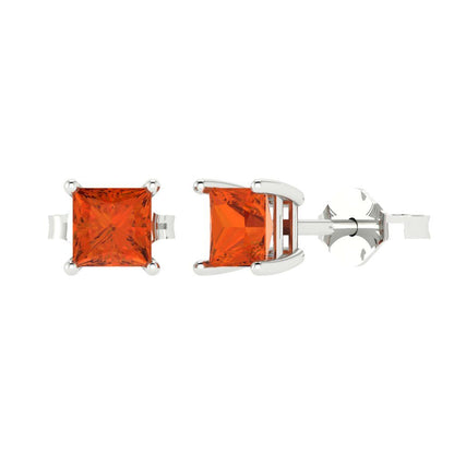 1 ctw Red Zirconia Studs Earrings | 4.5mm Princess Cut White Gold Push back | April Birthstone