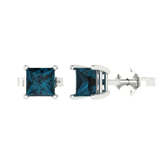 1cttw Princess Cut Natural London Blue Topaz Gold-Plated 925 Silver Push Back Stud Earrings