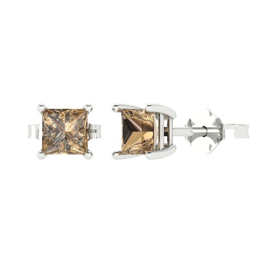1 ctw Champagne Studs Earrings | 4.5mm Princess Cut White Gold Push back | April Birthstone