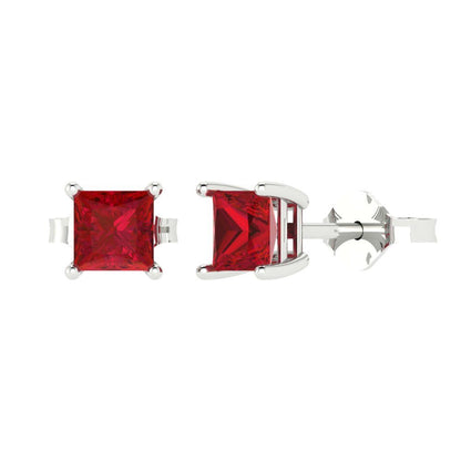 1cttw Princess Cut Simulated Ruby Gold-Plated 925 Silver Push Back Stud Earrings