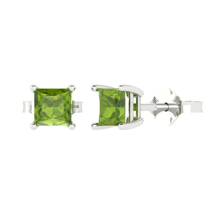1 ctw Peridot Studs Earrings | 4.5mm Princess Cut White Gold Push back | August Birthstone