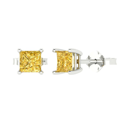 1 ctw Yellow Zirconia Studs Earrings | 4.5mm Princess Cut White Gold Push back | April Birthstone