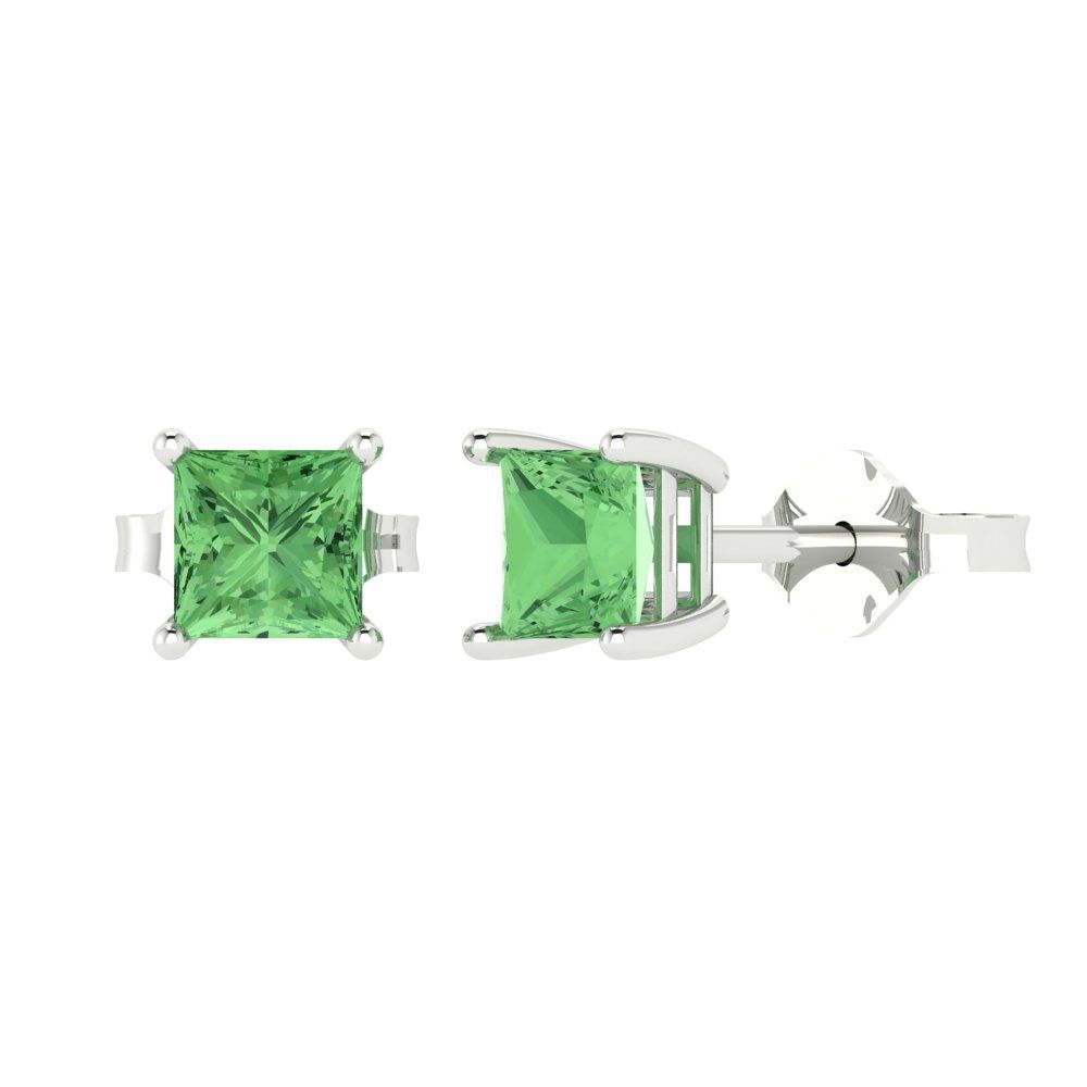 1 ctw Green Zirconia Studs Earrings | 4.5mm Princess Cut White Gold Push back | April Birthstone