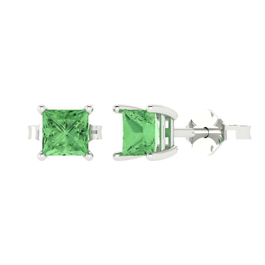1 ctw Green Zirconia Studs Earrings | 4.5mm Princess Cut White Gold Push back | April Birthstone
