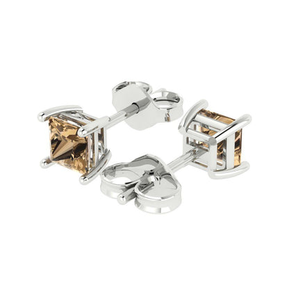 1 ctw Champagne Studs Earrings | 4.5mm Princess Cut White Gold Push back | April Birthstone