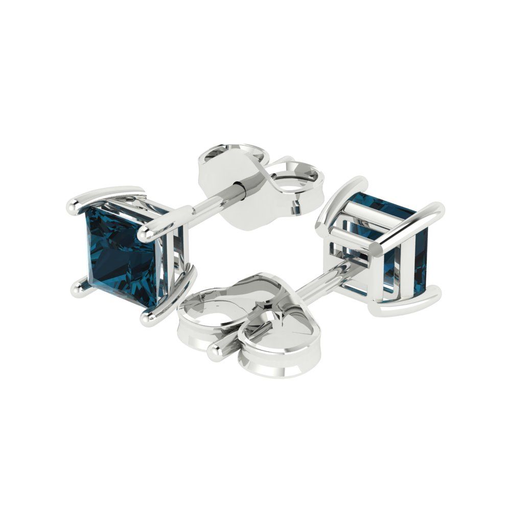1 ctw London Blue Topaz Studs Earrings | 4.5mm Princess Cut White Gold Push back | December Birthstone