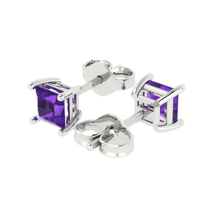 1 ctw Amethyst Studs Earrings | 4.5mm Princess Cut White Gold Push back | February Birthstone