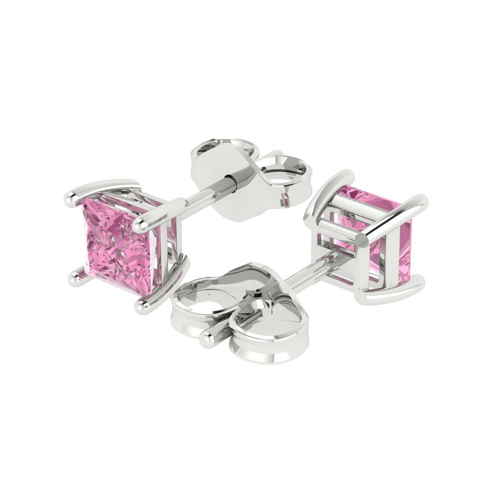 1 ctw Pink Zirconia Studs Earrings | 4.5mm Princess Cut White Gold Push back | April Birthstone