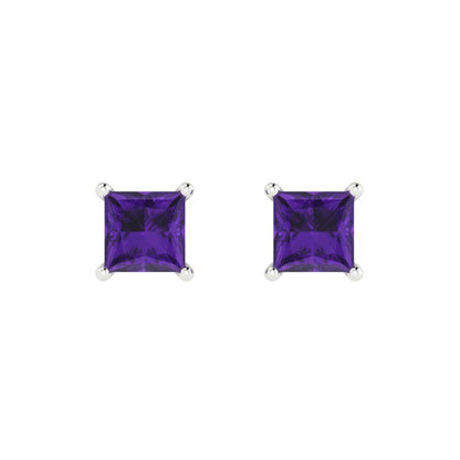 1 ctw Amethyst Studs Earrings | 4.5mm Princess Cut White Gold Push back | February Birthstone
