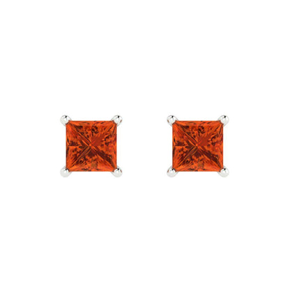 1 ctw Red Zirconia Studs Earrings | 4.5mm Princess Cut White Gold Push back | April Birthstone