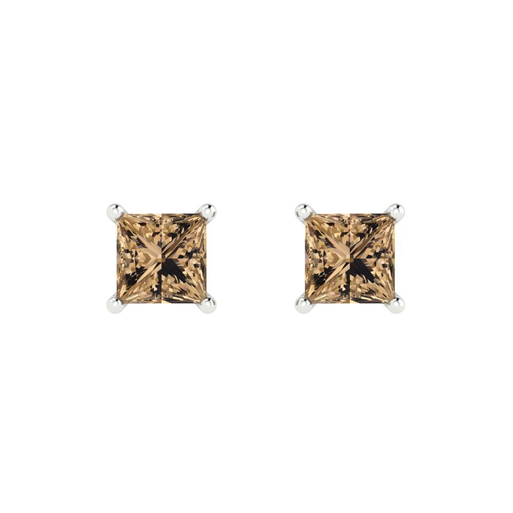 1 ctw Champagne Studs Earrings | 4.5mm Princess Cut White Gold Push back | April Birthstone