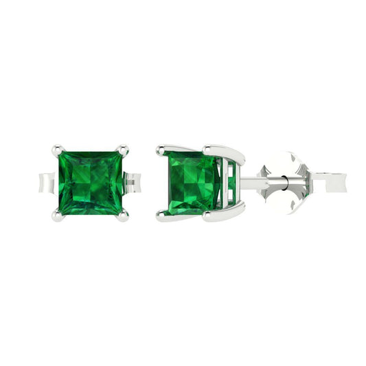 1.5 ctw Emerald Studs Earrings | 5.0mm Princess Cut White Gold Push back | May Birthstone
