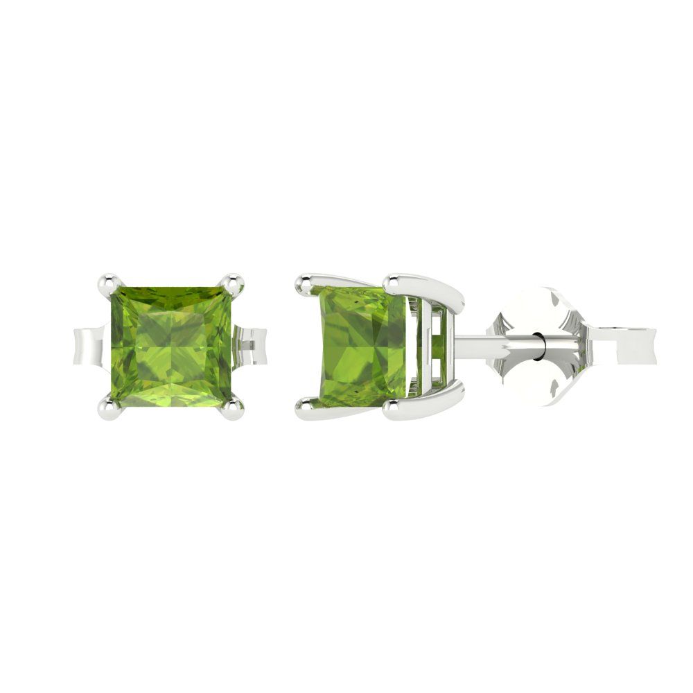 1.5 ctw Peridot Studs Earrings | 5.0mm Princess Cut White Gold Push back | August Birthstone