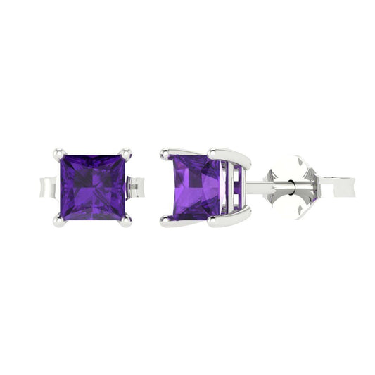 1.5 ctw Amethyst Studs Earrings | 5.0mm Princess Cut White Gold Push back | February Birthstone
