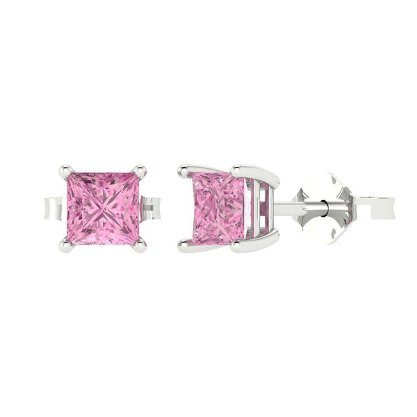 1.5 ct Brilliant Princess Cut Solitaire Studs Pink Simulated Diamond Stone White Gold Earrings Push back