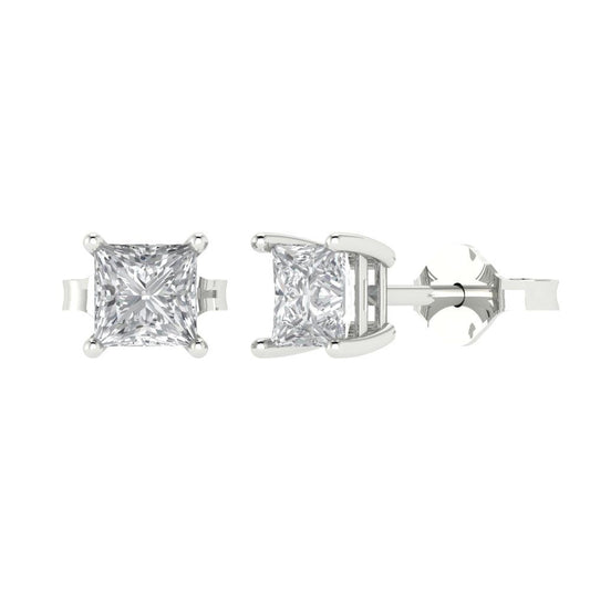 1.5 ctw Moissanite Studs Earrings | 5.0mm Princess Cut White Gold Push back | April Birthstone