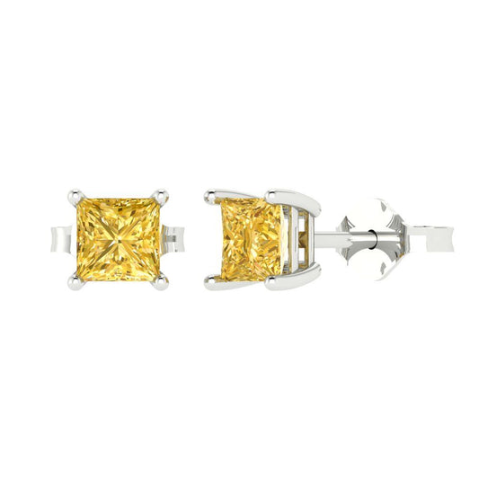 1.5 ctw Citrine Studs Earrings | 5.0mm Princess Cut White Gold Push back | November Birthstone