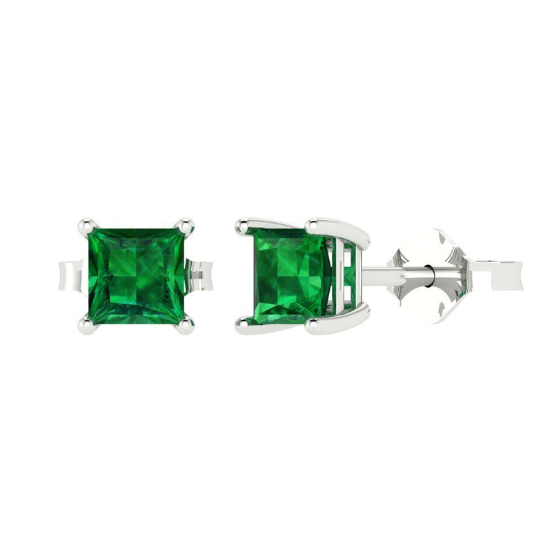 1.5 ct Brilliant Princess Cut Solitaire Studs Simulated Emerald Stone White Gold Earrings Push back