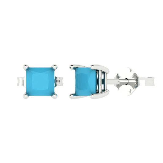 1.5 ctw Turquoise Studs Earrings | 5.0mm Princess Cut White Gold Push back | December Birthstone