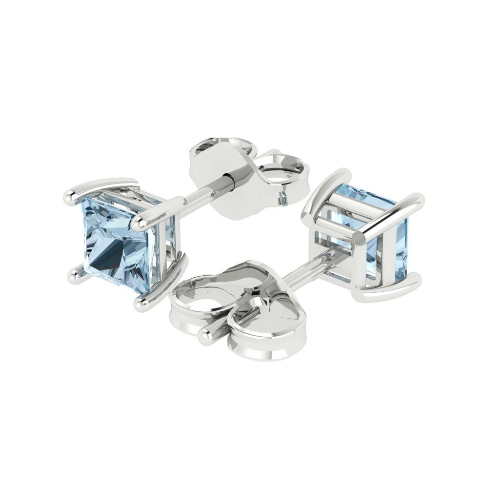 1.5 ctw Aquamarine Studs Earrings | 5.0mm Princess Cut White Gold Push back | March Birthstone