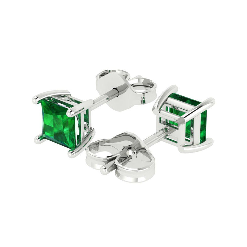 1.5 ct Brilliant Princess Cut Solitaire Studs Simulated Emerald Stone White Gold Earrings Push back